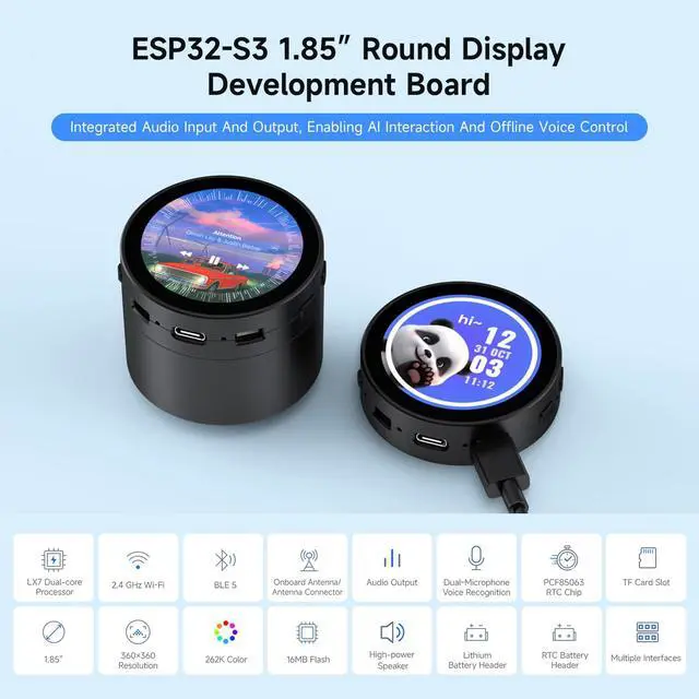 Alt view image 3 of 7 - ESP32-S3 1.85inch Round LCD Development Board, 360×360, Supports Wi-Fi & Bluetooth BLE 5, AI Speech, Smart Speaker Box, ESP32 with Display, with Speaker Box, with BAT