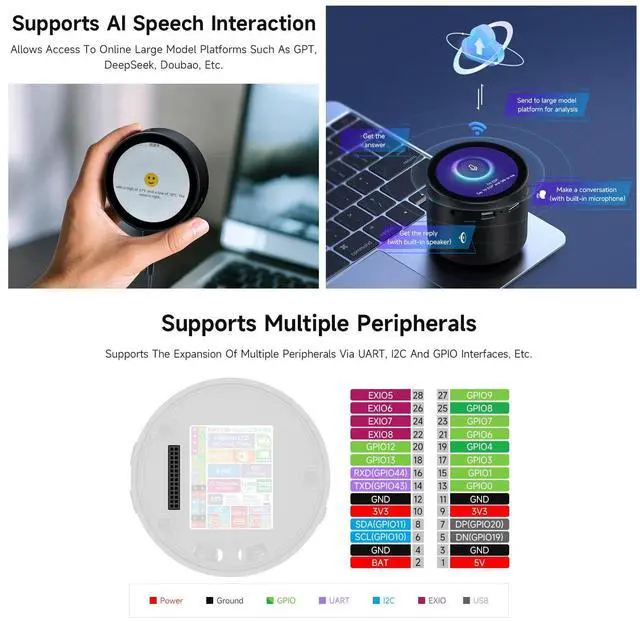 Alt view image 6 of 7 - ESP32-S3 1.85inch Round LCD Development Board, 360×360, Supports Wi-Fi & Bluetooth BLE 5, AI Speech, Smart Speaker Box, ESP32 with Display, with Speaker Box, with BAT