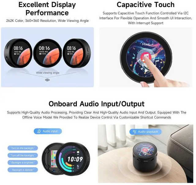 Alt view image 5 of 7 - ESP32-S3 1.85inch Round LCD Development Board, 360×360, Supports Wi-Fi & Bluetooth BLE 5, AI Speech, Smart Speaker Box, ESP32 with Display, with Speaker Box, with BAT