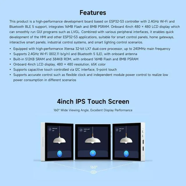 Alt view image 4 of 7 - ESP32-S3 Smart 86 Box Development Board, Support 2.4GHz Wi-Fi & Bluetooth BLE 5, Onboard 4inch 480 × 480 Pixel Touch Display, 5-Point Touch, RGB Interface