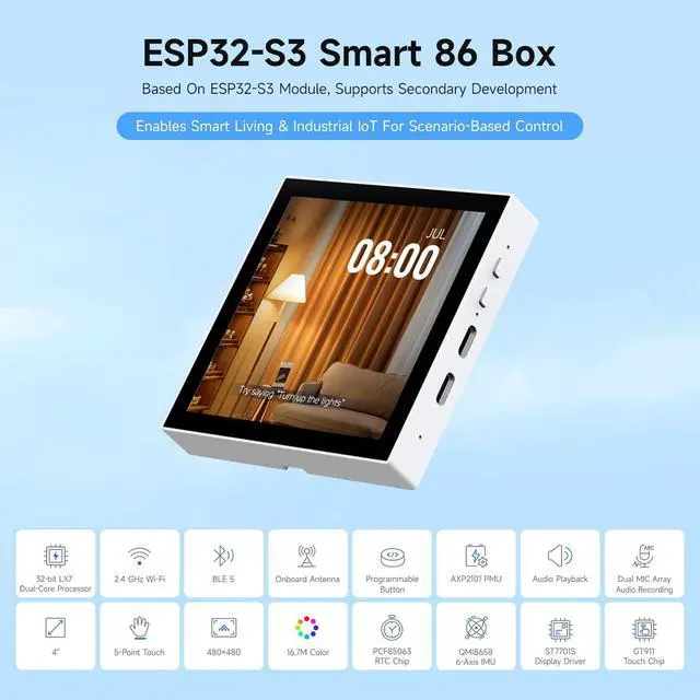 Alt view image 3 of 7 - ESP32-S3 Smart 86 Box Development Board, Support 2.4GHz Wi-Fi & Bluetooth BLE 5, Onboard 4inch 480 × 480 Pixel Touch Display, 5-Point Touch, RGB Interface