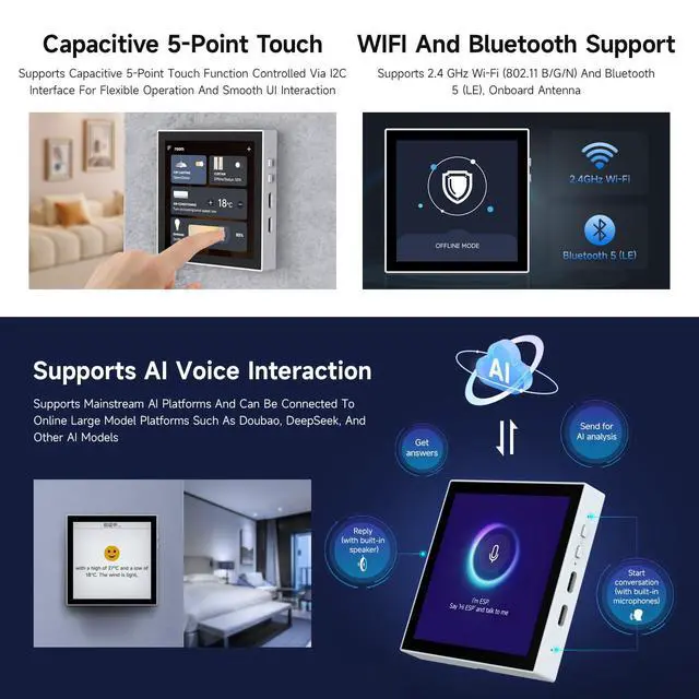 Alt view image 5 of 7 - ESP32-S3 Smart 86 Box Development Board, Support 2.4GHz Wi-Fi & Bluetooth BLE 5, Onboard 4inch 480 × 480 Pixel Touch Display, 5-Point Touch, RGB Interface