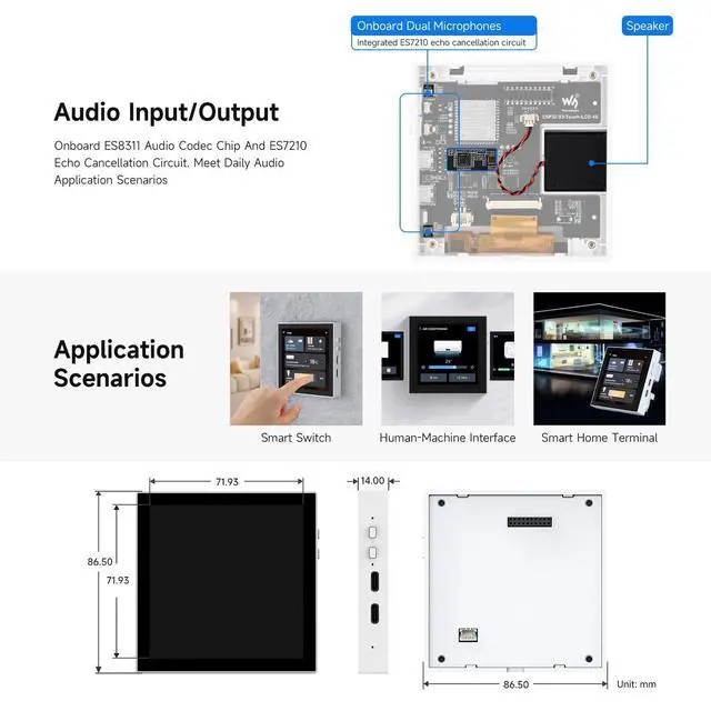 Alt view image 6 of 7 - ESP32-S3 Smart 86 Box Development Board, Support 2.4GHz Wi-Fi & Bluetooth BLE 5, Onboard 4inch 480 × 480 Pixel Touch Display, 5-Point Touch, RGB Interface