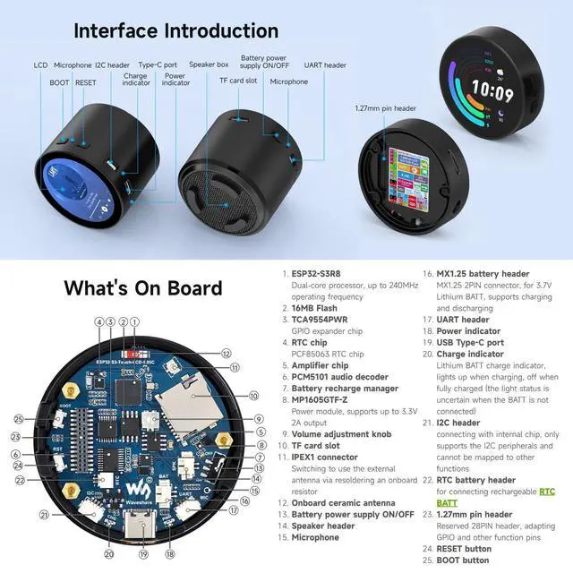 Alt view image 7 of 7 - ESP32-S3 1.85inch Round LCD Development Board, 360×360, Supports Wi-Fi & Bluetooth BLE 5, AI Speech, Smart Speaker Box, ESP32 with Display, with Speaker Box
