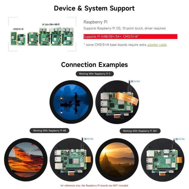 Alt view image 4 of 7 - 4inch DSI Round Touch Display, 720 × 720 Resolution, IPS, 10-Point Touch, Compatible with 5/4B/3B+/3A+, CM3/3+/4, 170° Wide Viewing Angle