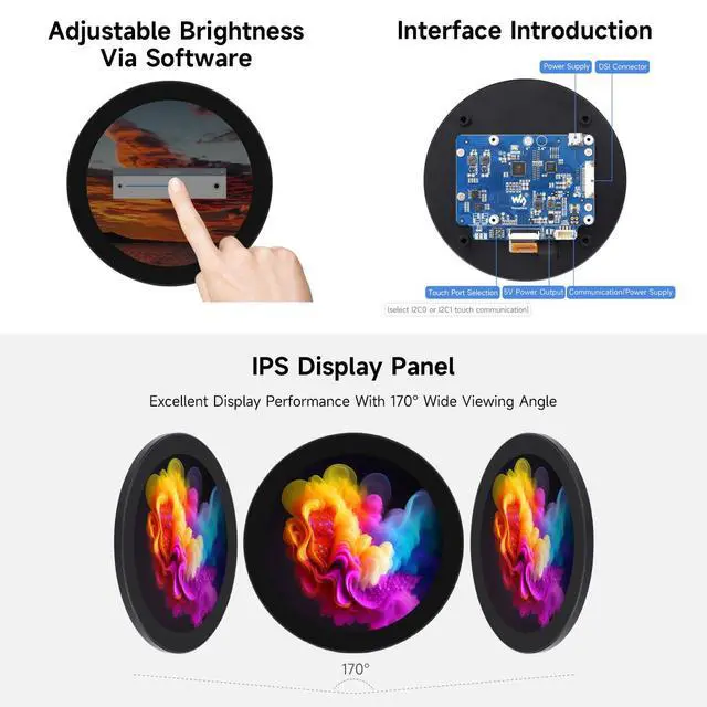 Alt view image 5 of 7 - 4inch DSI Round Touch Display, 720 × 720 Resolution, IPS, 10-Point Touch, Compatible with 5/4B/3B+/3A+, CM3/3+/4, 170° Wide Viewing Angle