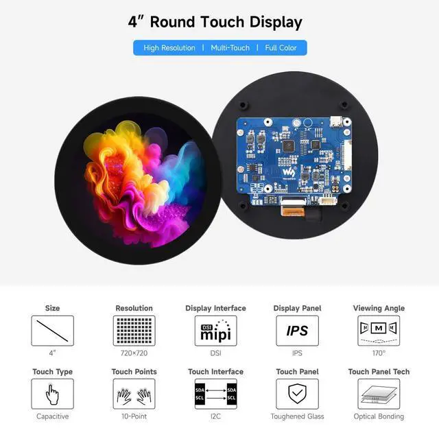Alt view image 3 of 7 - 4inch DSI Round Touch Display, 720 × 720 Resolution, IPS, 10-Point Touch, Compatible with 5/4B/3B+/3A+, CM3/3+/4, 170° Wide Viewing Angle