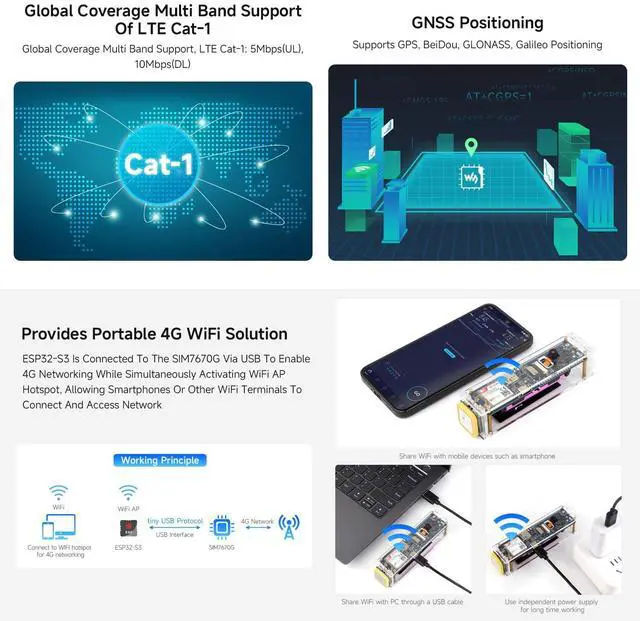 Alt view image 5 of 7 - ESP32-S3 SIM7670G 4G Development Board, LTE Cat-1 / WiFi/Bluetooth/GNSS Positioning Support, Global Coverage Multi Band, Suitable for 4G Portable WiFi, Onboard Camera/Antenna