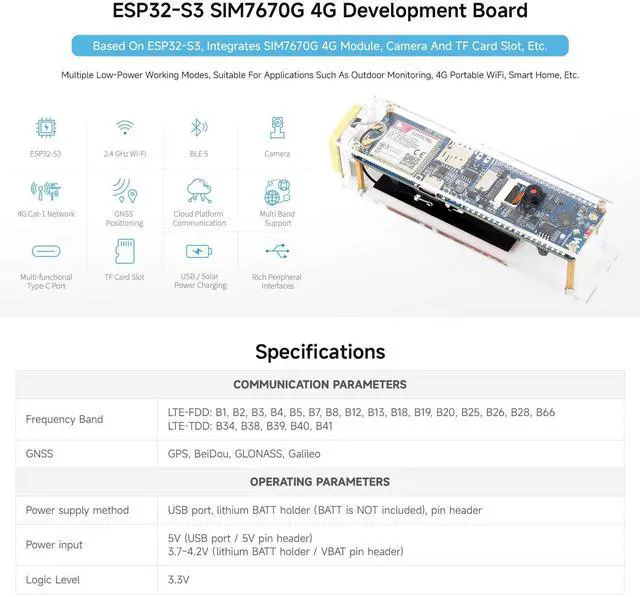 Alt view image 3 of 7 - ESP32-S3 SIM7670G 4G Development Board, LTE Cat-1 / WiFi/Bluetooth/GNSS Positioning Support, Global Coverage Multi Band, Suitable for 4G Portable WiFi, Onboard Camera/Antenna