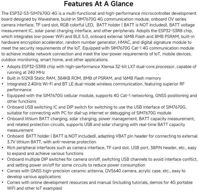 Alt view image 4 of 7 - ESP32-S3 SIM7670G 4G Development Board, LTE Cat-1 / WiFi/Bluetooth/GNSS Positioning Support, Global Coverage Multi Band, Suitable for 4G Portable WiFi, Onboard Camera/Antenna