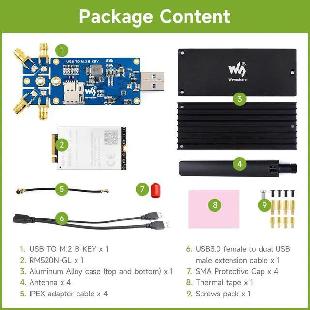 Alt view image 2 of 7 - RM520N-GL 5G DONGLE Module, Quad Antennas, USB3.1 Port, Aluminum Alloy Heatsink, M.2 Key B Interface, Options for 5G Module