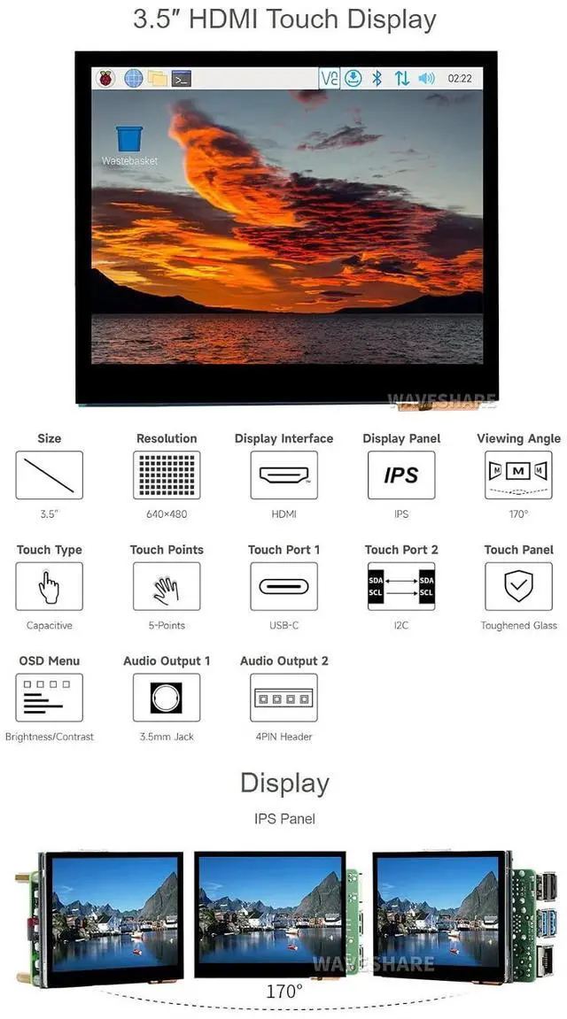 Alt view image 3 of 7 - 3.5inch HDMI LCD, Compatible with 5/4B/3B/Zero/Zero W/Zero 2W/Pico/Pico W/Pico WH, Capacitive Touch IPS LCD Display, 640×480, Audio Jack