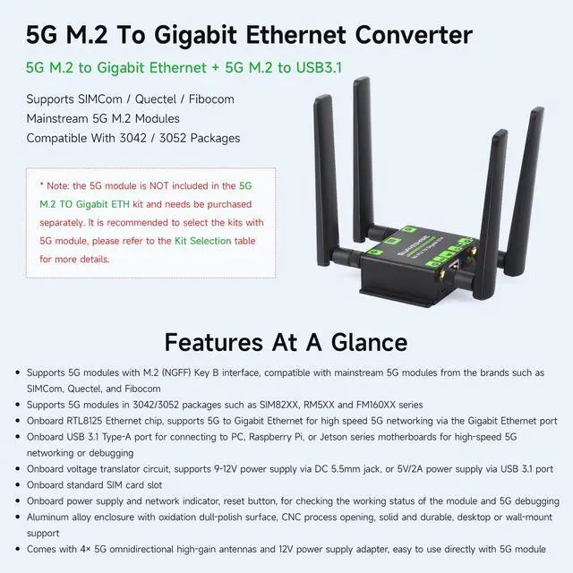 Alt view image 3 of 7 - 5G M.2 to Gigabit Ethernet Converter, 5G M.2 to USB3.1, Aluminum Alloy Case, Wall-Mount Support, Quad Antennas, Onboard M.2 Key B Interface, USB3.1 Port