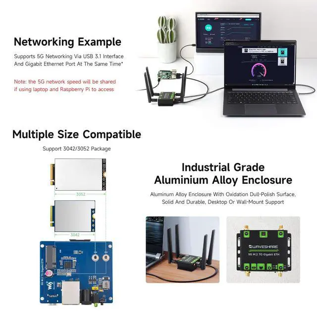 Alt view image 6 of 7 - 5G M.2 to Gigabit Ethernet Converter, 5G M.2 to USB3.1, Aluminum Alloy Case, Wall-Mount Support, Quad Antennas, Onboard M.2 Key B Interface, USB3.1 Port
