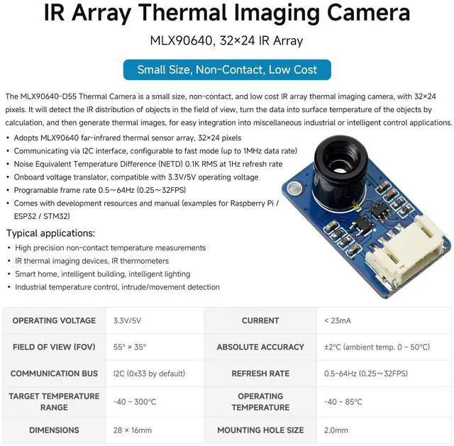 Alt view image 3 of 4 - MLX90640 IR Array Thermal Imaging Camera with 32×24 Pixels 55° Field of View Communicating via I2C Interface Supports /rduino(ESP32)/STM32, etc.