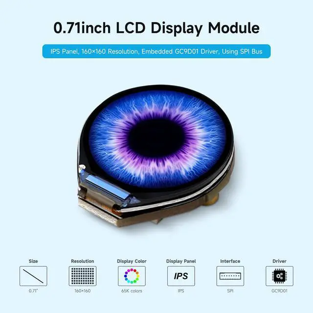 Alt view image 3 of 5 - 0.71inch Round LCD Display Module, IPS Panel, 160×160 Resolution, SPI Interface, 65K Colors, Embedded GC9D01 Driver