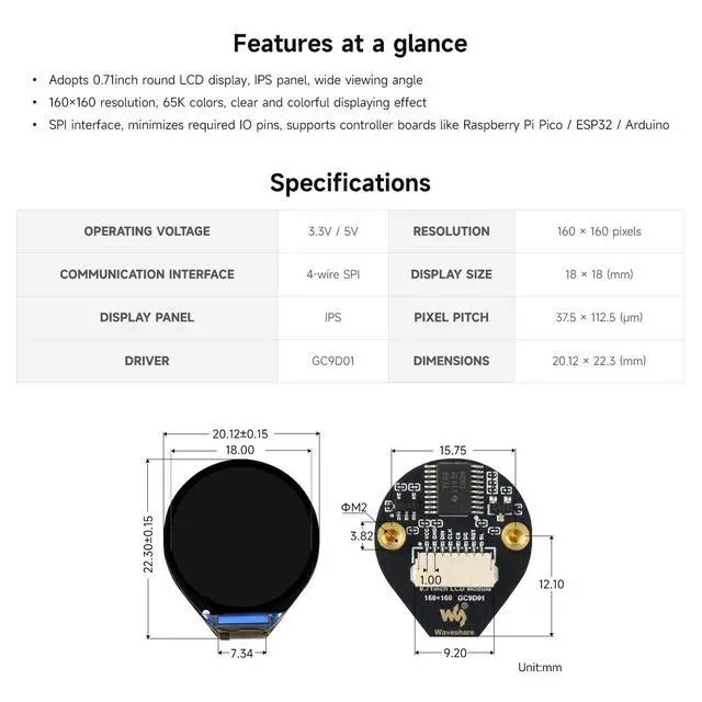 Alt view image 4 of 5 - 0.71inch Round LCD Display Module, IPS Panel, 160×160 Resolution, SPI Interface, 65K Colors, Embedded GC9D01 Driver