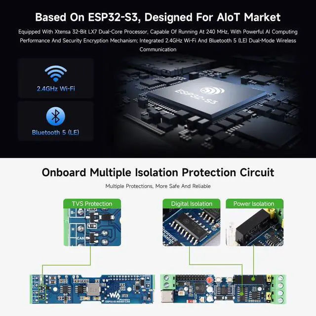 Alt view image 5 of 7 - Industrial ESP32-S3 Control Board with RS485 and CAN Communication Interfaces, Wi-Fi/Bluetooth Support, Built-in Multiple Protection Circuits