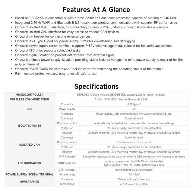 Alt view image 4 of 7 - Industrial ESP32-S3 Control Board with RS485 and CAN Communication Interfaces, Wi-Fi/Bluetooth Support, Built-in Multiple Protection Circuits