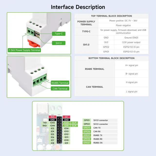 Alt view image 7 of 7 - Industrial ESP32-S3 Control Board with RS485 and CAN Communication Interfaces, Wi-Fi/Bluetooth Support, Built-in Multiple Protection Circuits