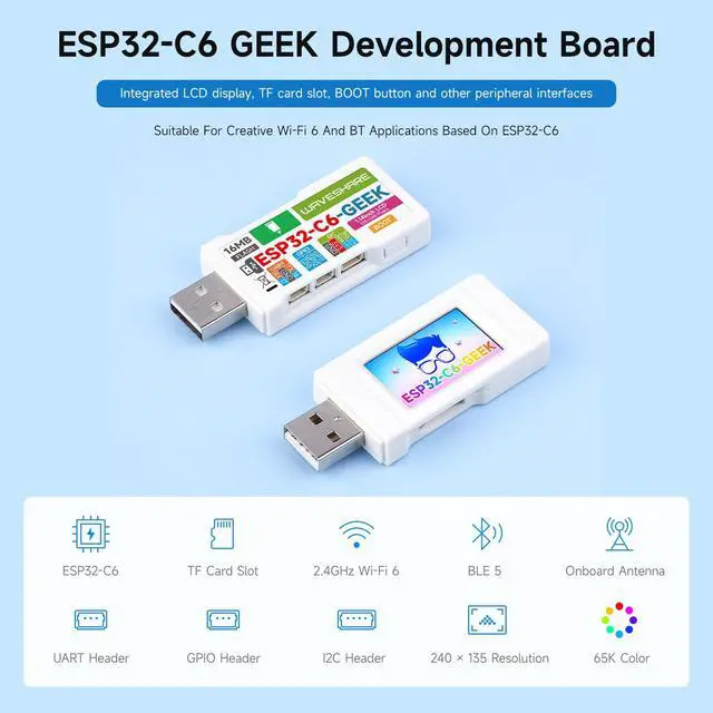 Alt view image 3 of 6 - ESP32-C6 Geek Development Board, with 1.14inch 65K Color LCD Display, 240 × 135 Resolution, Supports 2.4GHz Wi-Fi 6 and BLE 5, USB-A Male Port, with White Plastic Case
