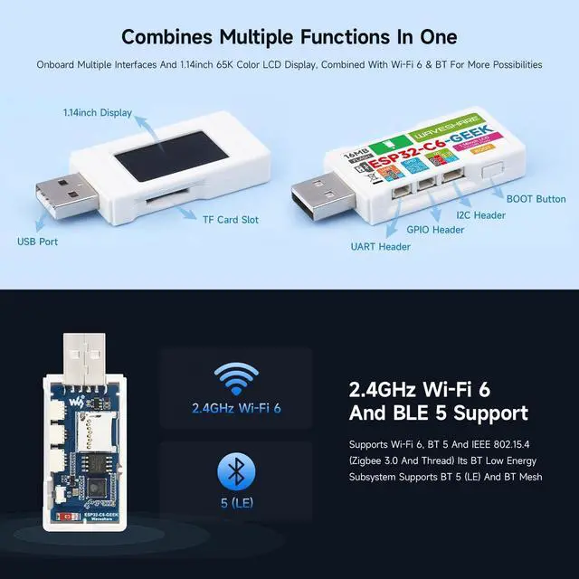Alt view image 5 of 6 - ESP32-C6 Geek Development Board, with 1.14inch 65K Color LCD Display, 240 × 135 Resolution, Supports 2.4GHz Wi-Fi 6 and BLE 5, USB-A Male Port, with White Plastic Case