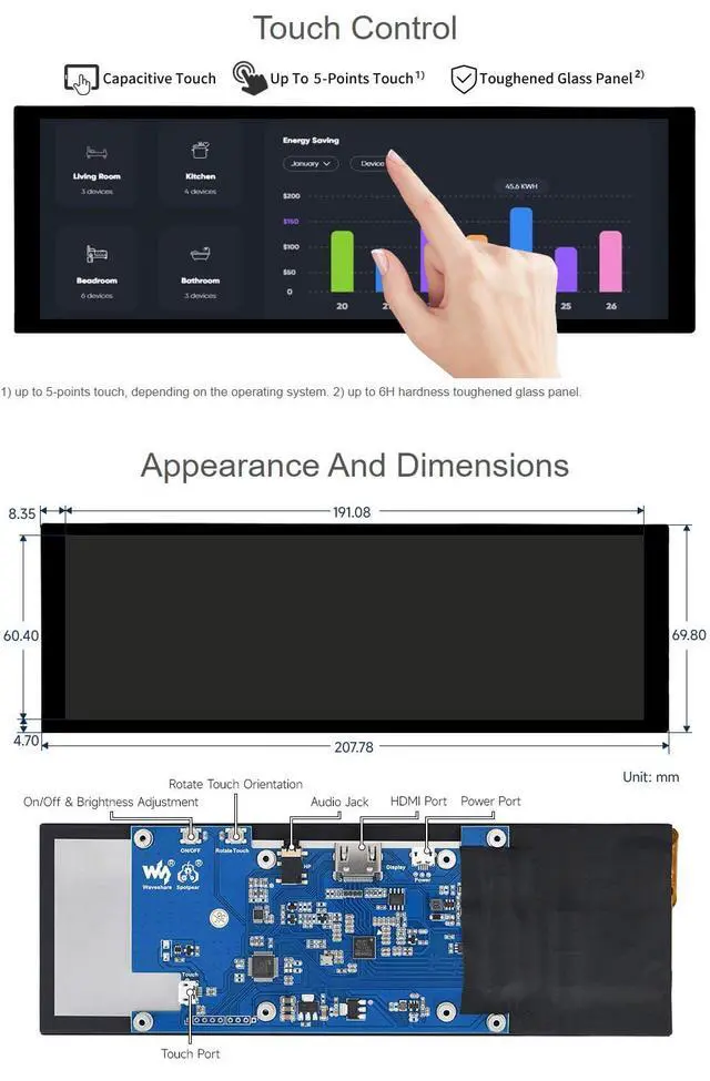 Alt view image 5 of 7 - 7.9inch Capacitive Touch Screen LCD Compatible with 5/4B/3B+/3A+/2B/B+/A+/Zero/Zero W/WH/Zero 2W CM3+/4 400×1280 Resolution HDMI IPS Supports Jetson Nano/Windows