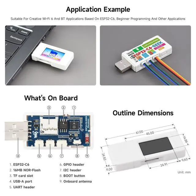 Alt view image 6 of 6 - ESP32-C6 Geek Development Board, with 1.14inch 65K Color LCD Display, 240 × 135 Resolution, Supports 2.4GHz Wi-Fi 6 and BLE 5, USB-A Male Port, with White Plastic Case