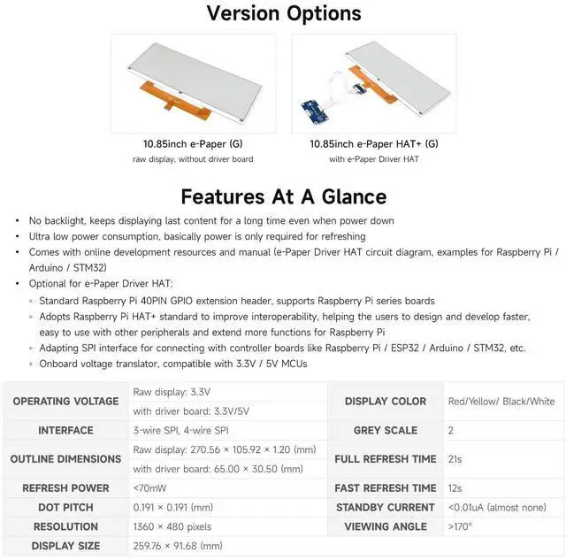 Alt view image 4 of 7 - 10.85inch e-Paper Display, Compatible with 5/4B/3B/Zero/Zero W/Zero 2W/Pico/Pico W/Pico WH, e-Ink Display, 1360x480, Red/Yellow/Black/White