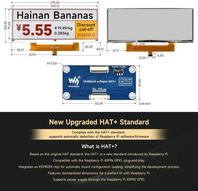 Alt view image 6 of 7 - 10.85inch e-Paper Display, Compatible with 5/4B/3B/Zero/Zero W/Zero 2W/Pico/Pico W/Pico WH, e-Ink Display, 1360x480, Red/Yellow/Black/White