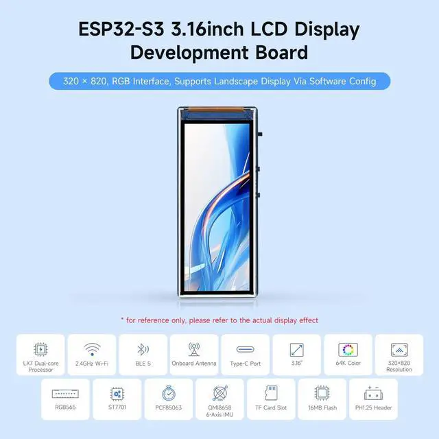Alt view image 3 of 7 - ESP32-S3 3.16inch Display Development Board, 320×820 Pixels, 262K Color, 32-bit LX7 Dual-core Processor, Up to 240MHz Frequency, WiFi & Bluetooth 5, Accelerometer and Gyroscope Sensor