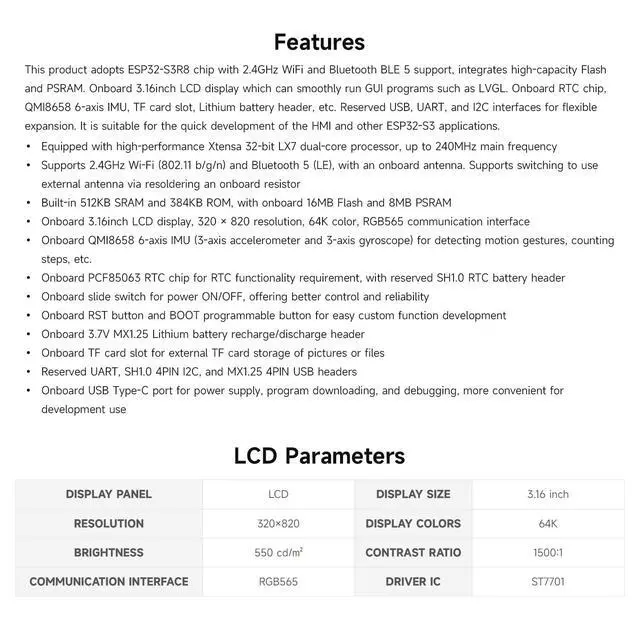 Alt view image 4 of 7 - ESP32-S3 3.16inch Display Development Board, 320×820 Pixels, 262K Color, 32-bit LX7 Dual-core Processor, Up to 240MHz Frequency, WiFi & Bluetooth 5, Accelerometer and Gyroscope Sensor