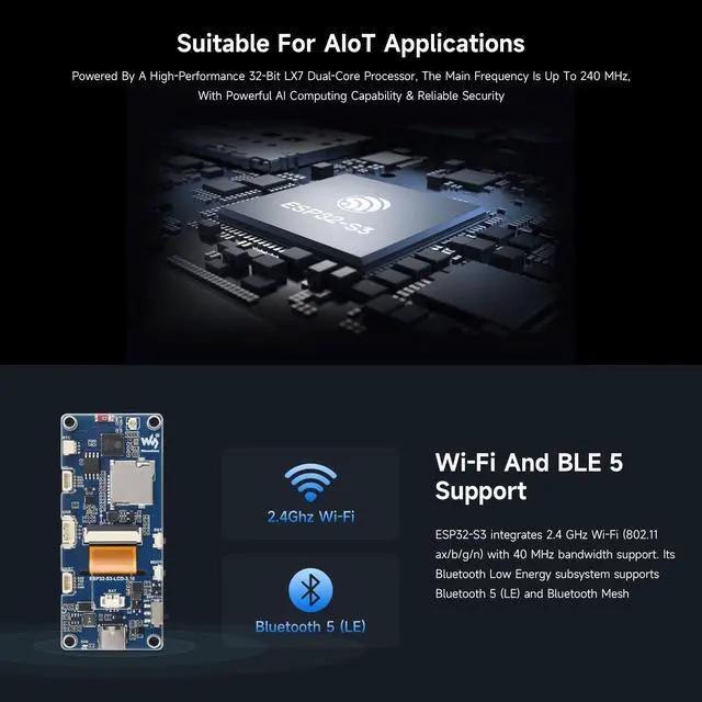 Alt view image 5 of 7 - ESP32-S3 3.16inch Display Development Board, 320×820 Pixels, 262K Color, 32-bit LX7 Dual-core Processor, Up to 240MHz Frequency, WiFi & Bluetooth 5, Accelerometer and Gyroscope Sensor
