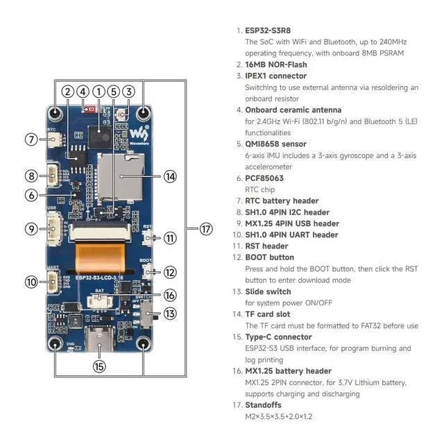 Alt view image 6 of 7 - ESP32-S3 3.16inch Display Development Board, 320×820 Pixels, 262K Color, 32-bit LX7 Dual-core Processor, Up to 240MHz Frequency, WiFi & Bluetooth 5, Accelerometer and Gyroscope Sensor