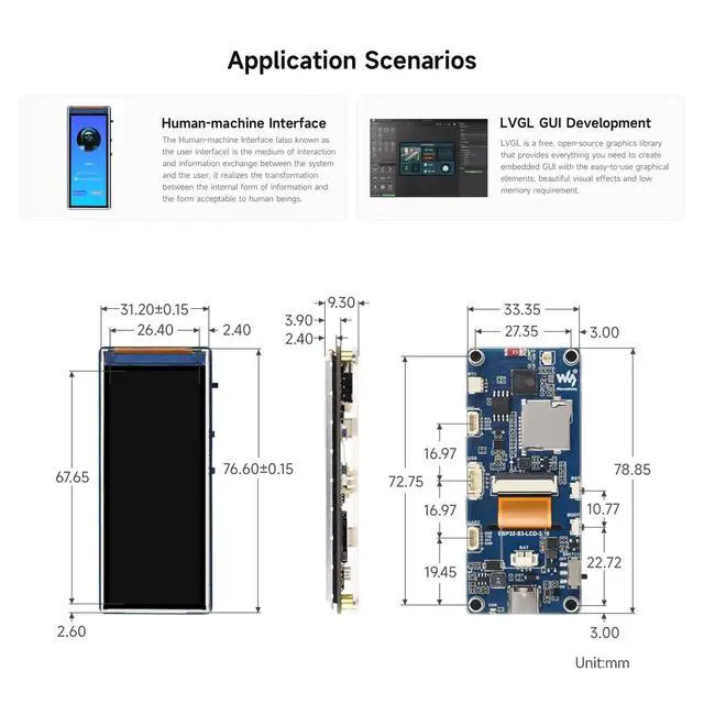 Alt view image 7 of 7 - ESP32-S3 3.16inch Display Development Board, 320×820 Pixels, 262K Color, 32-bit LX7 Dual-core Processor, Up to 240MHz Frequency, WiFi & Bluetooth 5, Accelerometer and Gyroscope Sensor