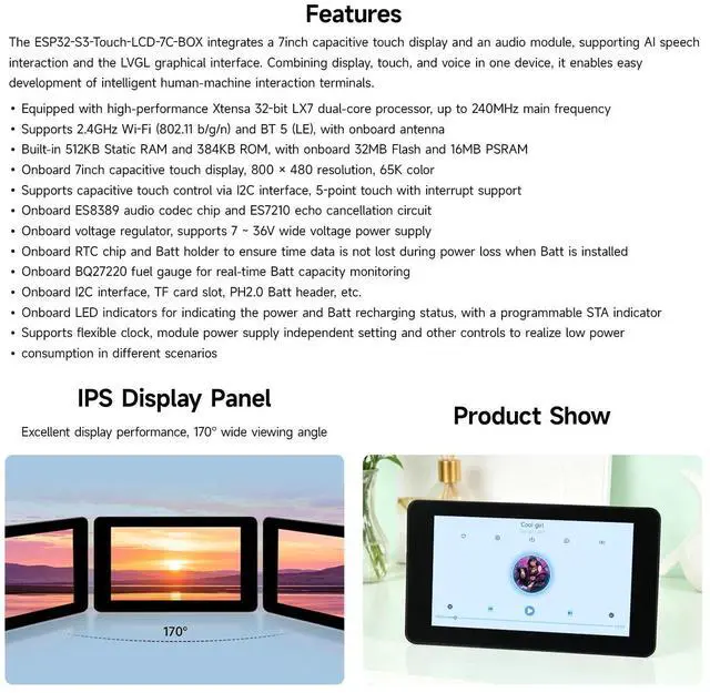 Alt view image 4 of 7 - ESP32-S3 7inch AI Voice Touch Display,800 × 480,5-Point Touch,IPS