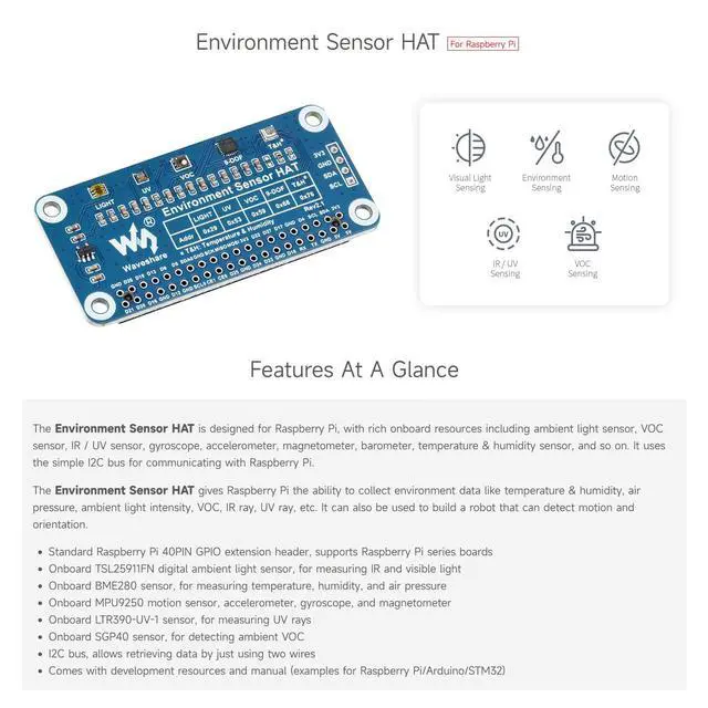 Alt view image 4 of 7 - Environment Sensor HAT, Compatible with 5/4B/3B/Zero/Zero W/Zero 2W/Pico/Pico W/Pico WH, I2C Bus with Rich Onboard Resources Including Ambient Light Sensor VOC Sensor