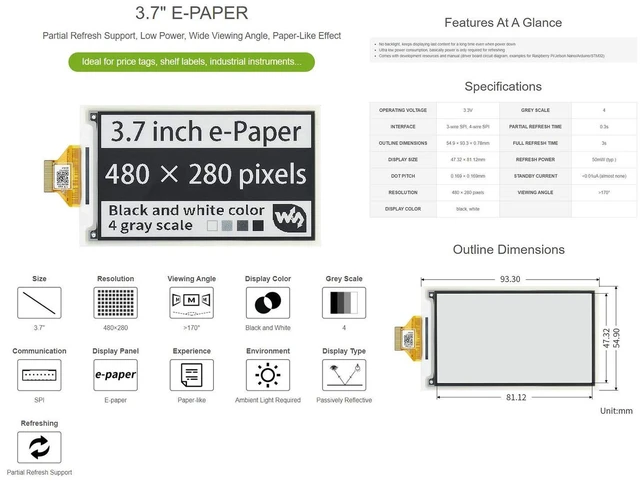 Alt view image 3 of 7 - 3.7inch E-Paper E-Ink Raw Display Compatible with 4B/3B+/3B/2B/B+/A+/Zero/Zero W/WH/Zero 2W Series Boards 480×280 Pixels 4 Grey Scales Supports Partial Refresh