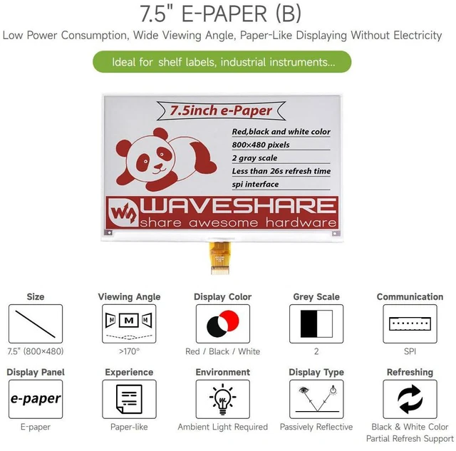 Alt view image 3 of 7 - 7.5inch E-Paper E-Ink Raw Display Compatible with 4B/3B+/3B/2B/B+/A+/Zero/Zero W/WH/Zero 2W Series Boards 800×480 Pixels Three-Color with SPI Interface Without PCB
