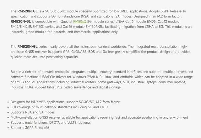 Alt view image 4 of 7 - Quectel RM520N-GL IoT 5G Global Band Module, 5G Sub-6G Module, M.2 Form Factor with 3GPP 5G Release 16 Specification