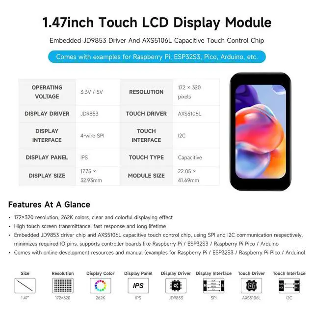 Alt view image 3 of 5 - 1.47inch LCD Display Module with Touch Panel, Compatible with /Pi Pico/ ESP32S3, Micro LCD Display, 172×320 Resolution, IPS, SPI and I2C Communication, 262K Display Color