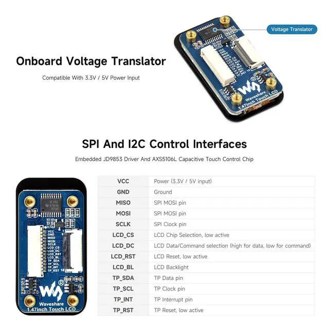 Alt view image 4 of 5 - 1.47inch LCD Display Module with Touch Panel, Compatible with /Pi Pico/ ESP32S3, Micro LCD Display, 172×320 Resolution, IPS, SPI and I2C Communication, 262K Display Color
