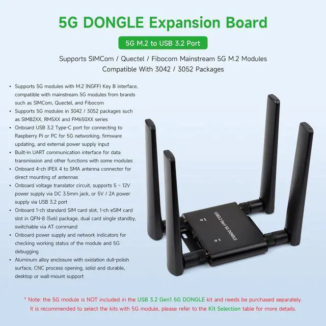 Alt view image 3 of 7 - 5G DONGLE Expansion Board ONLY, USB 3.2 Port, Aluminum Alloy Case, Quad Antennas, Onboard M.2 Key B Interface, Does NOT Include 5G Module