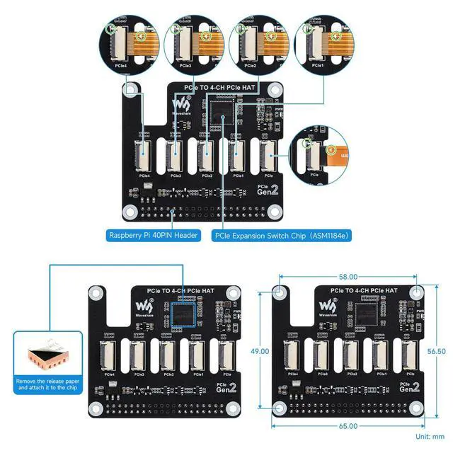 Alt view image 6 of 6 - Four-Channel PCIe FFC Expansion Board, Designed for 5, Supports Stacking Multiple PCIe HAT Modules