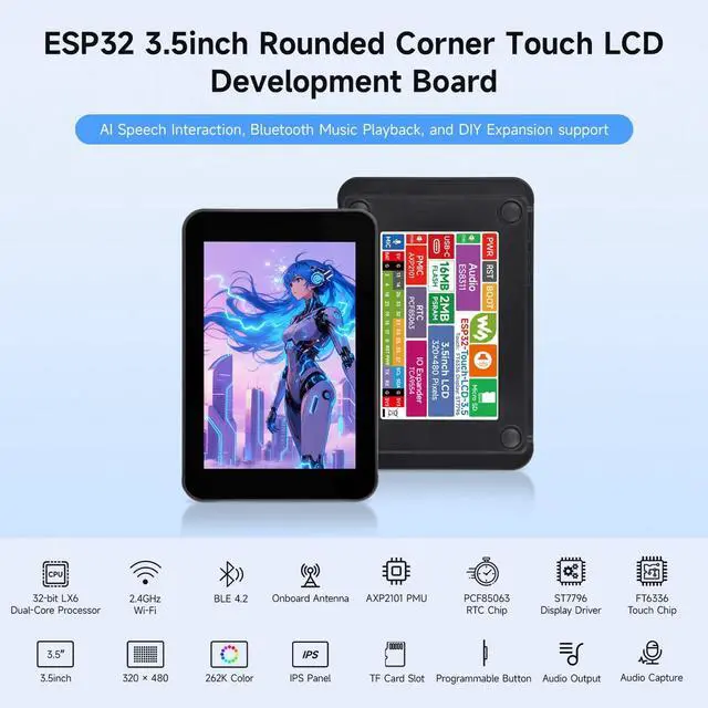 Alt view image 3 of 7 - ESP32 3.5inch Rounded Corner Touch LCD Development Board, 320 × 480, Onboard Audio Codec Chip, Built-in Microphone and Speaker, Supports Wi-Fi and BLE, Without BAT