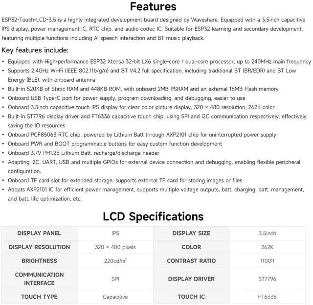 Alt view image 4 of 7 - ESP32 3.5inch Rounded Corner Touch LCD Development Board, 320 × 480, Onboard Audio Codec Chip, Built-in Microphone and Speaker, Supports Wi-Fi and BLE, Without BAT