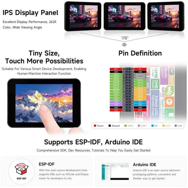 Alt view image 5 of 7 - ESP32 3.5inch Rounded Corner Touch LCD Development Board, 320 × 480, Onboard Audio Codec Chip, Built-in Microphone and Speaker, Supports Wi-Fi and BLE, Without BAT