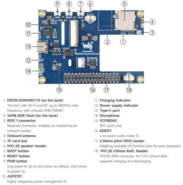 Alt view image 7 of 7 - ESP32 3.5inch Rounded Corner Touch LCD Development Board, 320 × 480, Onboard Audio Codec Chip, Built-in Microphone and Speaker, Supports Wi-Fi and BLE, Without BAT