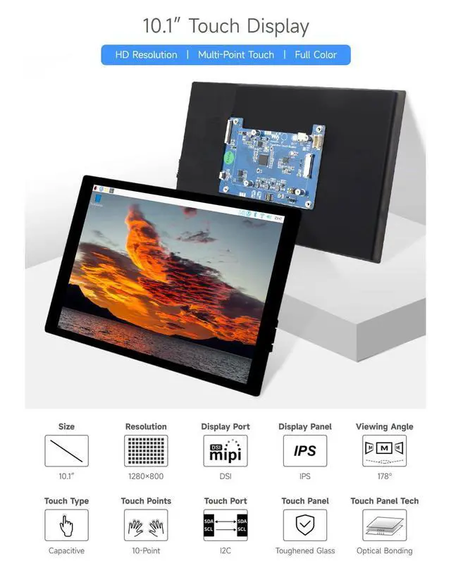 Alt view image 3 of 7 - 10.1inch Capacitive Touch Display Compatible with 5/4B/3B+/3A+, CM3/3+/4*, 1280×800, IPS, DSI Interface