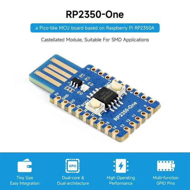 Alt view image 3 of 7 - RP2350-One, Onboard PCB Type-A Plug, 4MB Flash MCU Board Based On RP2350A Dual-core & Dual-Architecture Microcontroller